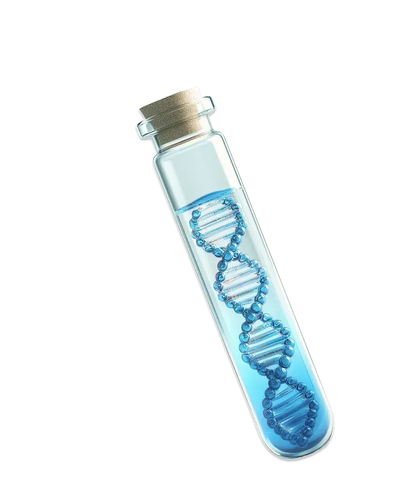 A glass vial containing a blue DNA strand, showcasing the structure of genetic material.