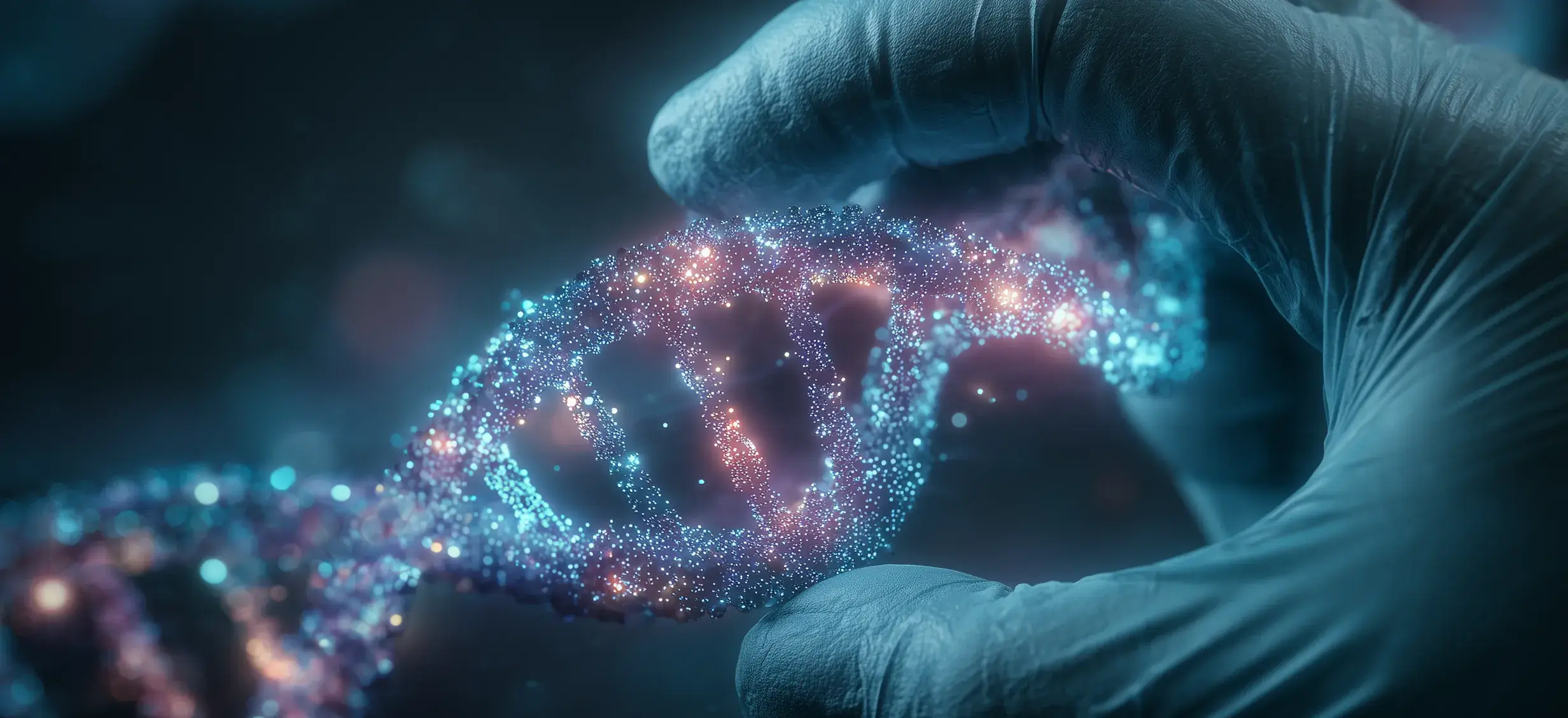 A hand holding a colorful DNA strand, symbolizing genetics and biological research.
