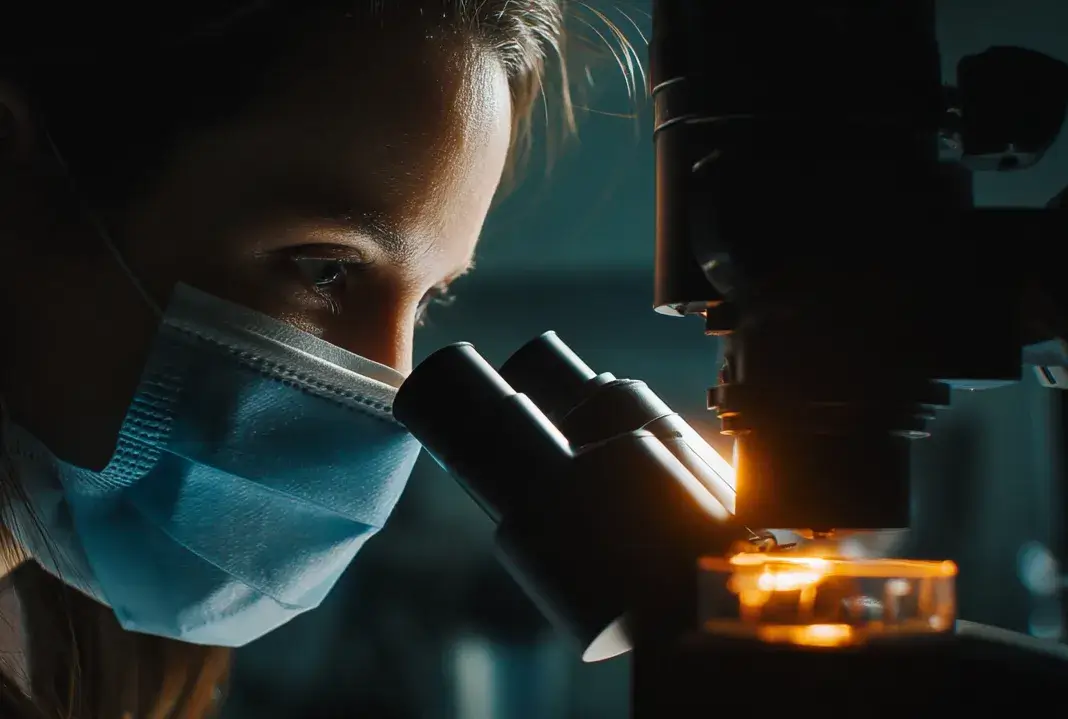 A woman in a lab coat examines a sample through a microscope in a laboratory setting.